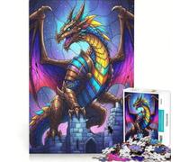 Rompecabezas de 1000 Piezas para Adultos: Dragón Colorido sobre ruinas de Castillo, Juegos educativos, difícil y desafiante, Juego de desafío único 38x52cm