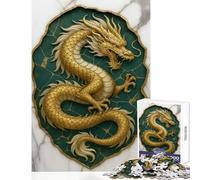 Rompecabezas de 1000 Piezas para Adultos dragón Dorado sobre Fondo Esmeralda Juguete Educativo Gran Regalo y Juego práctico con póster a Juego y Hoja de Trivia tamaño 38x26cm