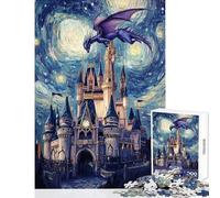 Rompecabezas de 1000 Piezas para Adultos Dragón sobre el Castillo Juego Familiar desafío Intenso Juguetes antiestrés con póster y Hoja de Preguntas a Juego (38x26cm)