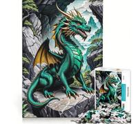 Rompecabezas de 1000 Piezas para Adultos Dragón Verde sobre una Roca, Juego práctico, Carrera de Velocidad Manual, con Piezas de Formas aleatorias Que encajan Perfectamente 38x26cm