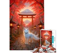 Rompecabezas de 1000 Piezas para Adultos El espíritu del Torii - Zorro Blanco místico en otoño en Japón Rompecabezas Familiar para Adultos Regalo de cumpleaños único para Navidad (tamaño 38x52cm)