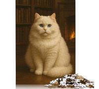 Rompecabezas de 1000 Piezas para Adultos: Elegante Gato Blanco Junto a la Chimenea. Juego de Rompecabezas de Madera. Desafío para Toda la Familia. 1000 Piezas (75 x 50 cm).
