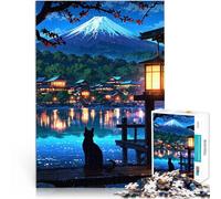 Rompecabezas de 1000 Piezas para Adultos Escena Nocturna Japonesa con Gato Rompecabezas Decoración de Pared cumpleaños y Navidad 52x38cm