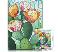 Rompecabezas de 1000 Piezas para Adultos, Estilo vitral con Cactus floreciente, Ideal para un Momento de Relax, Troquelado de precisión Fina, tamaño 38x26cm