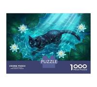 Rompecabezas De 1000 Piezas para Adultos Ethereal Black Cat Swimming in Bioluminescent Turquoise Water Lily Pond Rompecabezas Juego De Ingenio Alivia El Estrés Cumpleaños 38x26cm/
