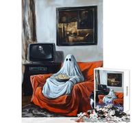 Rompecabezas de 1000 Piezas para Adultos Fantasma Viendo la televisión con un Gato Juegos educativos Decoración de Pared Juguete Decoración de Pared Juego desafiante Regalos (26x38cm)