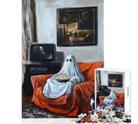 Rompecabezas de 1000 Piezas para Adultos Fantasma Viendo la televisión con un Gato Juegos educativos Decoración de Pared Juguete Decoración de Pared Juego desafiante Regalos (50x75cm)