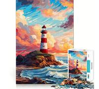 Rompecabezas de 1000 Piezas para Adultos Faro al Atardecer,píxeles Suaves,Divertido Rompecabezas de lógica,Juego Casual,Escena navideña (38x26cm)