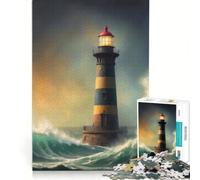 Rompecabezas de 1000 Piezas para Adultos Faro en Mares tempestuosos Pintura artística Juego Familiar decoración del hogar Ideal para Decorar un Escritorio 38x52cm