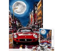 Rompecabezas de 1000 Piezas para Adultos Ferrari Rojo en la Ciudad de Noche decoración del hogar Juguetes Gran Regalo Juego práctico con póster a Juego y Hoja de Trivia tamaño 50x75cm