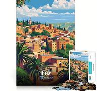 Rompecabezas de 1000 Piezas para Adultos Fez,Marruecos Póster de Viaje Corte Premium Juego Que estimula la Mente Diversión sin Preocupaciones Arte navideño Exhibición (38x52cm)