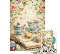Rompecabezas de 1000 Piezas para Adultos Fiesta del té en Acuarela con Flores y Libro Un Reto Educativo Una Obra de Arte Juguetes antiestrés para Mayores de 14 años (38x26cm)