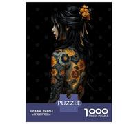 Rompecabezas De 1000 Piezas para Adultos Floral Tattoo Woman on Black Background Rompecabezas para Adultos Juegos De Relajación Desafío Difícil Ayuda A Ejercitar El Cerebro 52x38cm/1000pcs