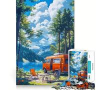 Rompecabezas de 1000 Piezas para Adultos Furgoneta Naranja acampando Junto al Lago Actividad para Fortalecer la Memoria Bordes limpios Regalo Festivo (38x52cm)
