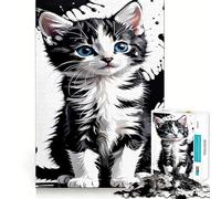 Rompecabezas de 1000 Piezas para Adultos Gatito Blanco y Negro con Ojos Azules,Corte sin Costuras,Juego Divertido para ejercitar la Mente,Juego Casual, (38x26cm)