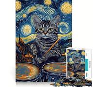 Rompecabezas de 1000 Piezas para Adultos Gato Baterista,Noche Estrellada,Corte Exacto,Arte,Juego Creativo para ejercitar la Mente,Juego de Ocio,Divertido,Regalo de cumpleaños (38x26cm)