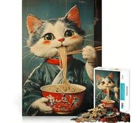 Rompecabezas de 1000 Piezas para Adultos Gato Comiendo Fideos Arte de Corte Exacto Juego Creativo para ejercitar la Mente Juego de Ocio Divertido Regalo de cumpleaños (38x52cm)