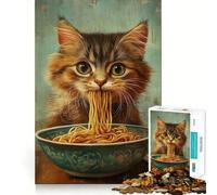 Rompecabezas de 1000 Piezas para Adultos Gato Comiendo Fideos de un tazón Juego Divertido para desarrollar la Mente y el Pensamiento Ideal para el Tiempo Libre y para cumpleaños (50x75cm)