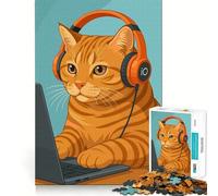 Rompecabezas de 1000 Piezas para Adultos Gato con Auriculares usando una computadora portátil Diseño artístico de Corte preciso Un desafío Mental Divertido Juego para Pasar el rato Regalo Ideal