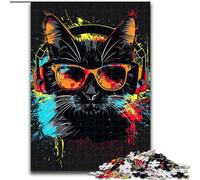 Rompecabezas de 1000 Piezas para Adultos,Gato con Auriculares y Gafas de Sol,de Madera, Mayores de 14 años,Juego de ingenio para Adolescentes, Fiestas