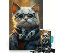 Rompecabezas de 1000 Piezas para Adultos Gato con Gafas y Bufanda Juguete Decorativo de construcción Juego de Paz Regalo de cumpleaños (50x75cm)
