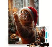 Rompecabezas de 1000 Piezas para Adultos Gato con Gorro de Papá Noel,diseño de Corte preciso,Divertido Juego de ingenio,Ideal para el Tiempo Libre y como Actividad de cumpleaños (38x52cm)