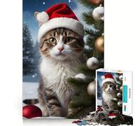 Rompecabezas de 1000 Piezas para Adultos Gato con Gorro de Papá Noel,Navidad,Corte sin Costuras,Juego de resolución de Problemas,Juguete Casual,Escena navideña,Arte (38x52cm)
