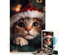 Rompecabezas de 1000 Piezas para Adultos Gato con Gorro de Papá Noel,Piezas de Corte Limpio,Juego de Habilidad Mental,Momento de relajación,Divertido,Escena navideña,Arte (50x75cm)