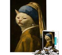 Rompecabezas de 1000 Piezas para Adultos Gato con Pendiente de Perla - Vermeer - Juego Familiar de Arte y Memes - Juguete Educativo y desafiante Juguetes antiestrés (38x26cm)