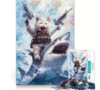 Rompecabezas de 1000 Piezas para Adultos Gato con Pistolas Montando un tiburón,Corte preciso,Divertido Rompecabezas,Regalo para el Tiempo Libre,decoración navideña (38x26cm)