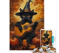 Rompecabezas de 1000 Piezas para Adultos Gato con Sombrero de Bruja y Guitarra Juguetes adictivos para Cultivar la Paciencia Juego Educativo Ideal para armar Regalo de cumpleaños (tamaño 38x52cm)