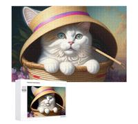 Rompecabezas de 1000 piezas para adultos, gato con sombrero de paja, cesta para adultos, juguetes de bricolaje, decoración del hogar, difícil y desafiante, 1000 piezas