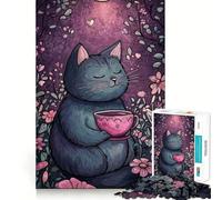 Rompecabezas de 1000 Piezas para Adultos Gato con Taza de té en el jardín Juego de Habilidad Mental para desarrollar la precisión y la Memoria (38x52cm)