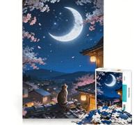 Rompecabezas de 1000 Piezas para Adultos: Gato contemplando cerezos en Flor a la luz de la Luna Juegos Divertidos para la interacción Entre Padres e Hijos Regalos con Juegos desafiantes 50x75cm