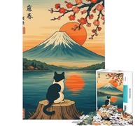 Rompecabezas de 1000 Piezas para Adultos Gato contemplando el Monte Fuji (Estilo Ukiyo-e) Juego Familiar Educativo Juguete de desafío Regalo de cumpleaños (tamaño 38x26cm)
