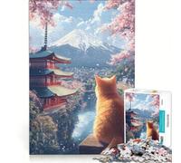 Rompecabezas de 1000 Piezas para Adultos: Gato contemplando el Monte Fuji, Japón Juguete Educativo para la interacción Entre Padres e Hijos Toda la Familia 38x52cm