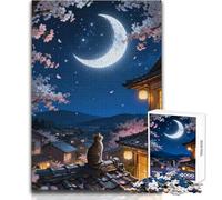 Rompecabezas de 1000 Piezas para Adultos: Gato contemplando Flores de Cerezo a la luz de la Luna Disfruta de un Ambiente Relajado y Tranquilo Ajuste Estable Corte preciso Tamaño del Juguete: 50x75cm