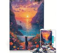 Rompecabezas de 1000 Piezas para Adultos: Gato contemplando la Puesta de Sol Junto al mar Juego de ingenio, desafiante para completar Fortalece el Amor Entre Parejas 38x52cm