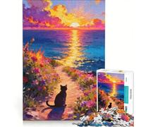 Rompecabezas de 1000 Piezas para Adultos: Gato contemplando la Puesta de Sol Junto al mar Juego Imposible Ideal para la diversión Familiar cumpleaños y Navidad 50x75cm