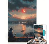 Rompecabezas de 1000 Piezas para Adultos: Gato contemplando la Puesta de Sol sobre Japón Juegos educativos para Toda la Familia Colección de Artistas Bellas Artes 50x75cm