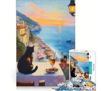 Rompecabezas de 1000 Piezas para Adultos: Gato contemplando la Puesta de Sol sobre la Costa Italiana Juego Relajante, desafiante y de Gran dificultad cumpleaños 50x75cm