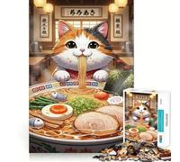 Rompecabezas de 1000 Piezas para Adultos Gato de Dibujos Animados Comiendo Ramen en un Restaurante Juguete Decorativo para Construir y concentrarse Juego de Paz Regalo de cumpleaños (38x26cm)