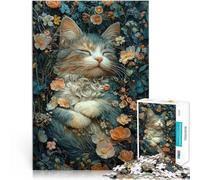 Rompecabezas de 1000 Piezas para Adultos Gato durmiendo Entre Flores Rompecabezas Decoración de Pared cumpleaños y Navidad 52x38cm