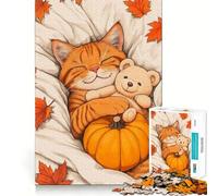 Rompecabezas de 1000 Piezas para Adultos Gato durmiendo la Siesta en otoño con Osito de Peluche Decoración de Corte preciso Juguete para estimular la Mente Ideal para Jugar en el Tiempo Libre Regalo