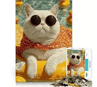 Rompecabezas de 1000 Piezas para Adultos Gato en Flotador con Patos Diseño de Corte Suave Actividad Intelectual Estimulante Diversión para el Tiempo Libre Regalo de decoración navideña (50x75cm)