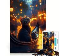 Rompecabezas de 1000 Piezas para Adultos Gato en góndola,Venecia de Noche Decoración práctica y Divertida Juguete para ejercitar la Mente Regalo navideño Ideal para Pasar un Buen rato (38x52cm)