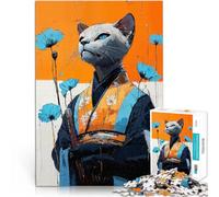 Rompecabezas de 1000 Piezas para Adultos Gato en Kimono con Flores Competición de Velocidad de Manos Decoración artística del hogar 50x70cm