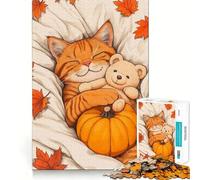 Rompecabezas de 1000 Piezas para Adultos Gato en otoño durmiendo con Osito de Peluche,decoración de Corte preciso,Juguete de Desarrollo cognitivo,Juego para el Tiempo Libre,Regalo de cumpleaños