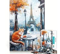 Rompecabezas de 1000 Piezas para Adultos Gato en un café de París Cuadro de Ajuste Juego de ingenio Regalo Ideal Juego Lento Arte de Pared navideño (38x52cm)