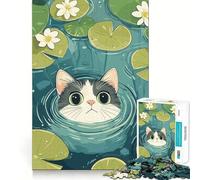Rompecabezas de 1000 Piezas para Adultos Gato en un Estanque con nenúfares Juego de ingenio para armar Regalo Ideal para Relajarse y Disfrutar en Navidad (38x26cm)